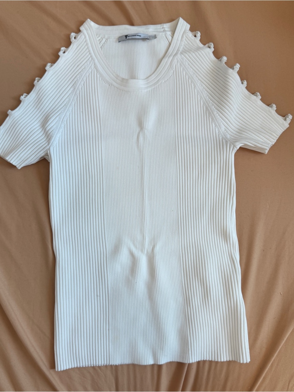 T by Alexander Wang White Ribbed Short Sleeve Top with Loop Trim
